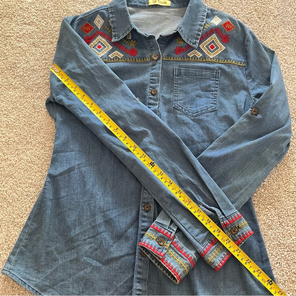 La Diosa Aztec Embroidered Denim Button-Up Long Sleeve Medium - Picture 11 of 11